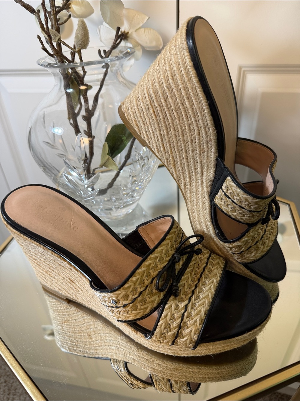 kate spade Natural Straw Wedge Sandals with Black Trim